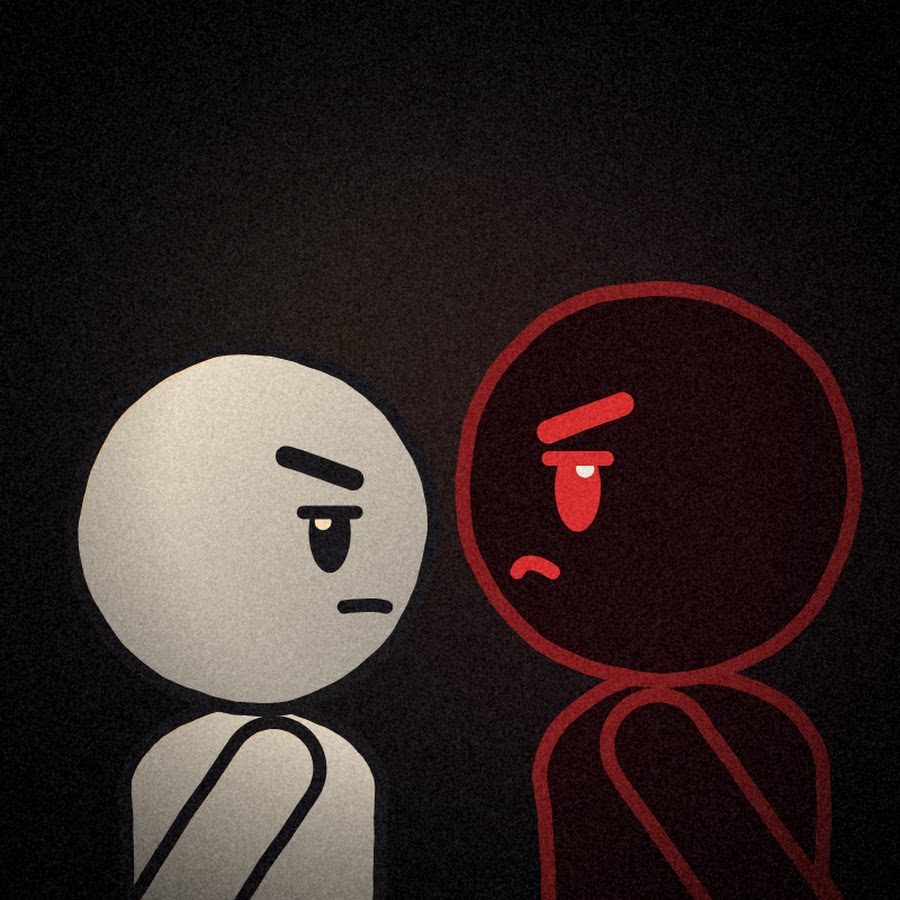 Two characters face off: a pale figure and a red outlined double