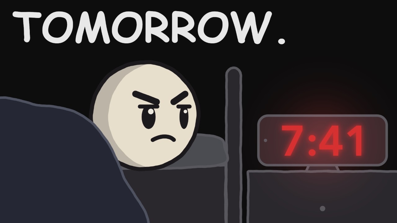 TOMORROW thumbnail: a character in bed glaring at an alarm clock reading 7:41